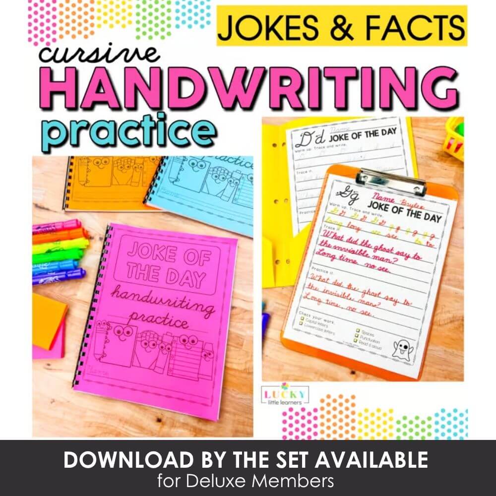 Handwriting practice activities for kids, fun cursive handwriting worksheets, joke and facts handouts, early literacy resources, educational writing exercises for children, preschool and elementary school learning tools.