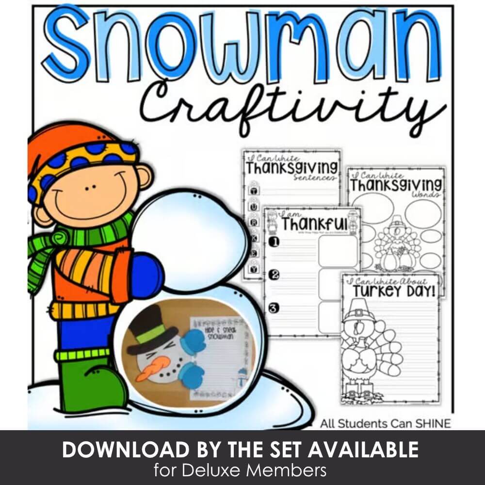 Colorful snowman craftivity for Thanksgiving and Turkey Day activities, including writing prompts, coloring pages, and holiday-themed literacy exercises for elementary students.