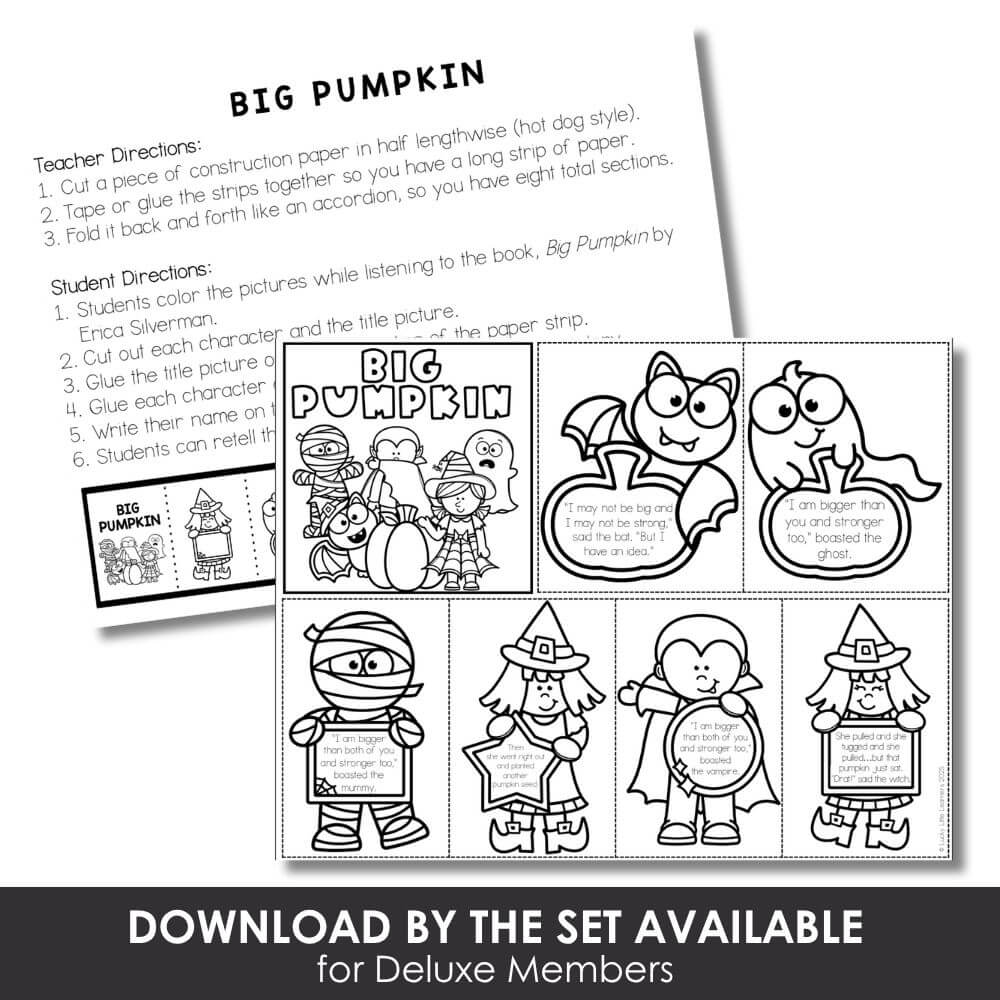 Coloring activity pages for Halloween-themed Big Pumpkin story with kids dressed as witches and monsters, perfect for early learners and preschool classroom fun.