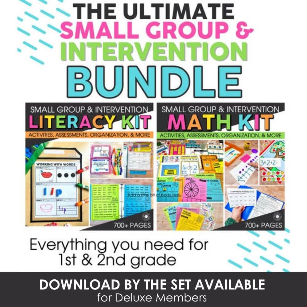 Engaging small group intervention and literacy math bundle for 1st and 2nd grade classroom activities, assessments, and organization tools for effective student learning.