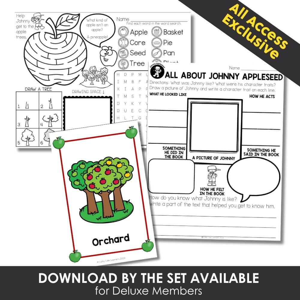 Colorful educational worksheet for early learners featuring Johnny Appleseed activities, apple-themed drawing prompts, and reading comprehension exercises for kindergarten.
