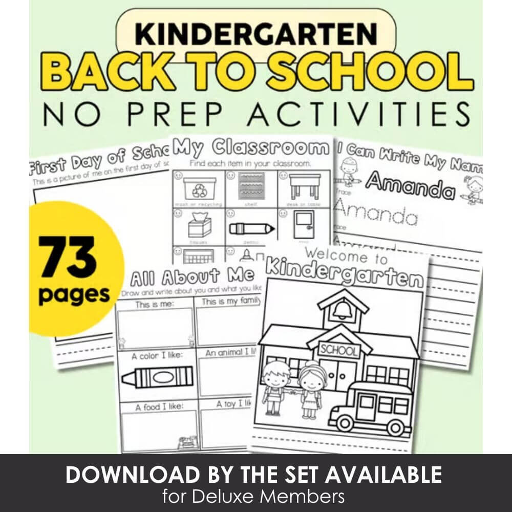 Bright back-to-school activities for kindergarten, no prep printable worksheets with 73 pages for early learners, classroom preparation, and homeschooling.