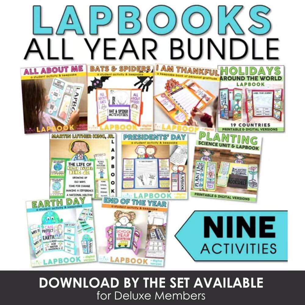 Interactive student activity lapbooks for all grade levels, printables & digital versions, including holidays, presidents, Earth Day, and more for engaging learning experiences.