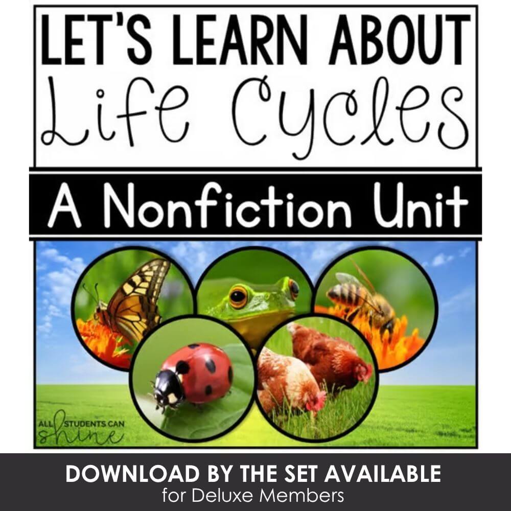 Colorful nonfiction unit on life cycles featuring insects, frogs, chickens, and ladybugs for engaging elementary science lessons.