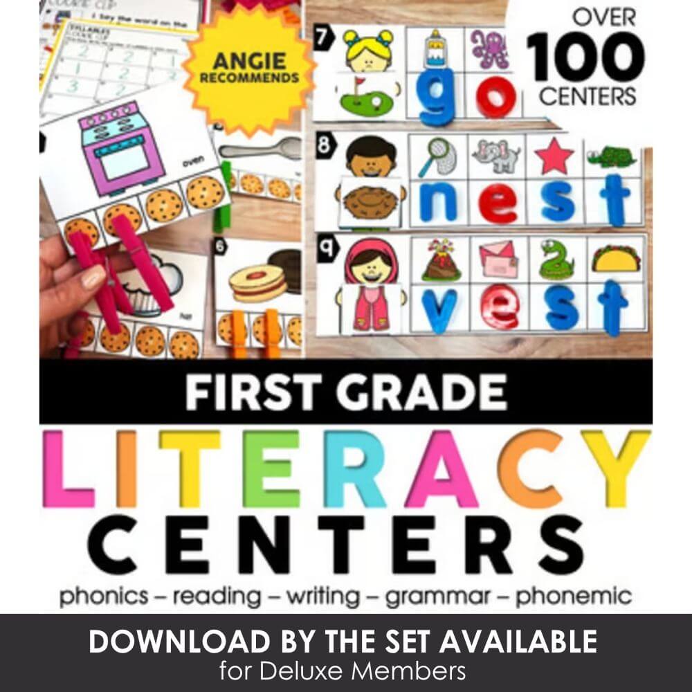 Colorful first grade literacy centers for phonics, reading, writing, grammar, and phonemic awareness to enhance early learning skills.