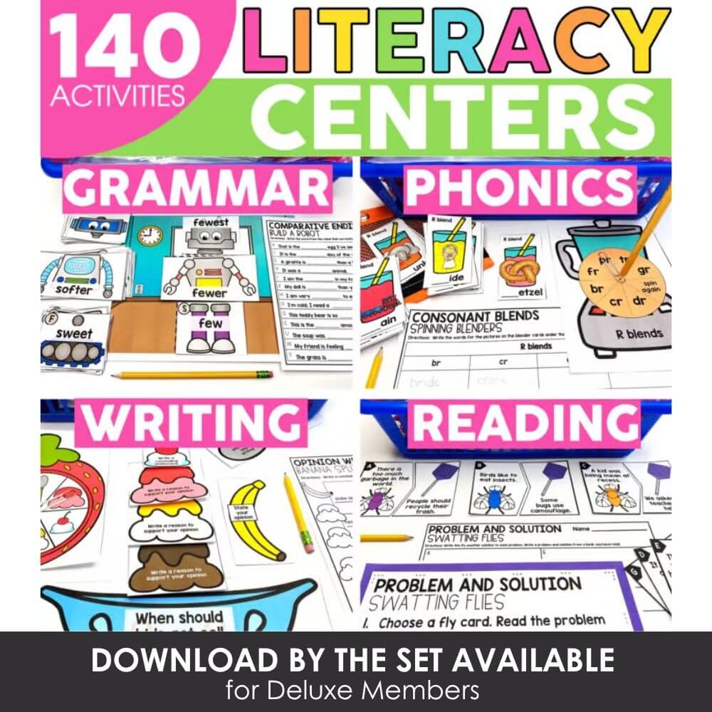 Engaging literacy centers for elementary students featuring grammar, phonics, writing, and reading activities to enhance language skills and classroom learning.