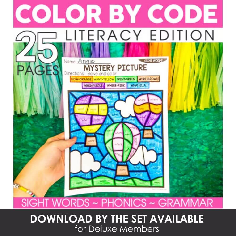 Color by code literacy activity for kindergarten, elementary classroom, and homeschool learning, featuring sight words, phonics, grammar, and 25 printable pages.