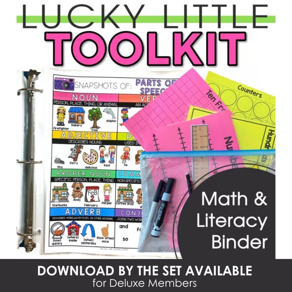 Bright colorful literacy and math binder kit for early learners, including flashcards, charts, and organizational tools for classroom or homeschool use.