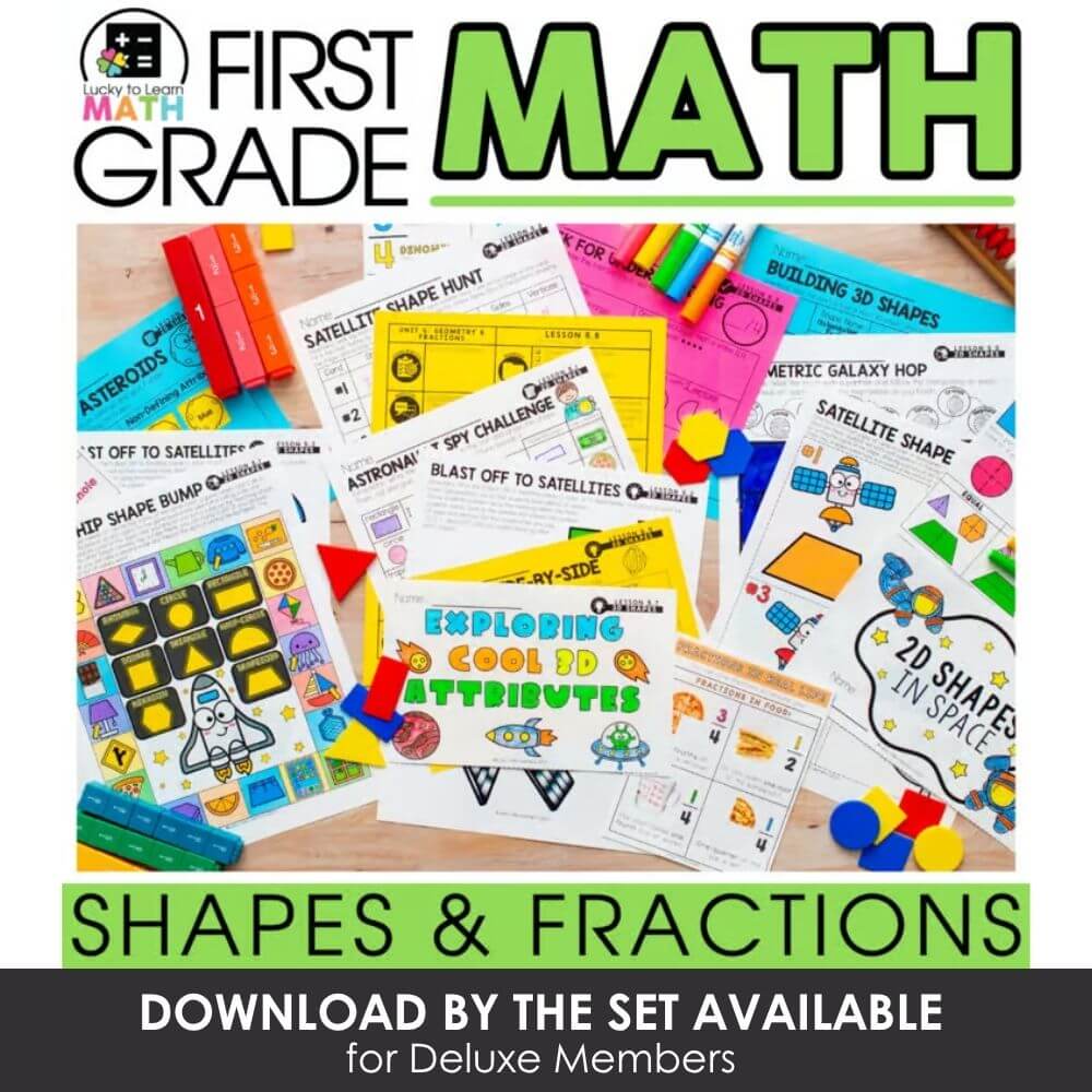 Colorful first grade math activities focusing on shapes, fractions, and 3D objects for young learners, perfect for classroom or homeschool math practice.