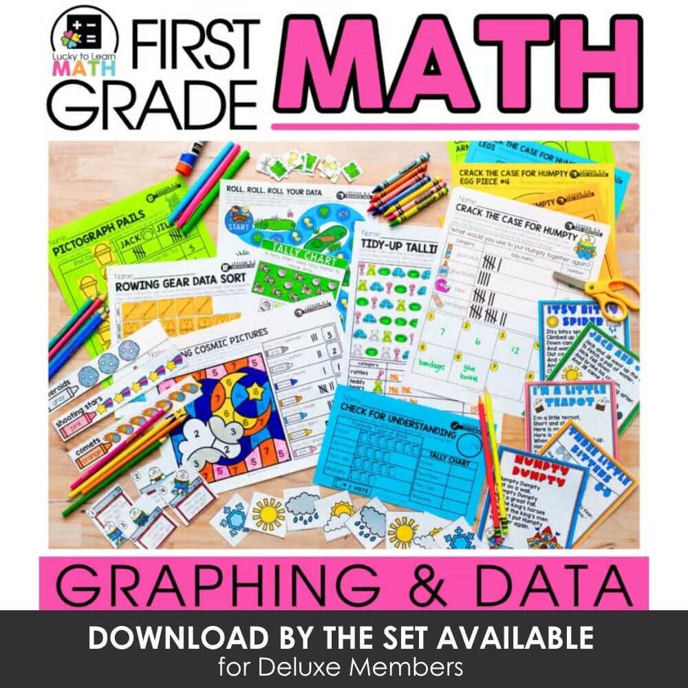 Educational first grade math worksheets for graphing, data collection, and early math skills practice for young learners.