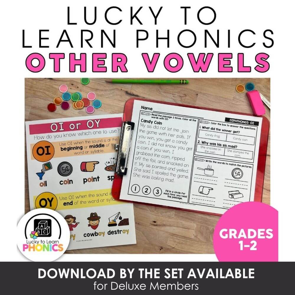 Learn phonics for vowels with Lucky Little Learners, including OI and OY sounds, with fun activities for grades 1-2 and engaging worksheets for early reading skills.
