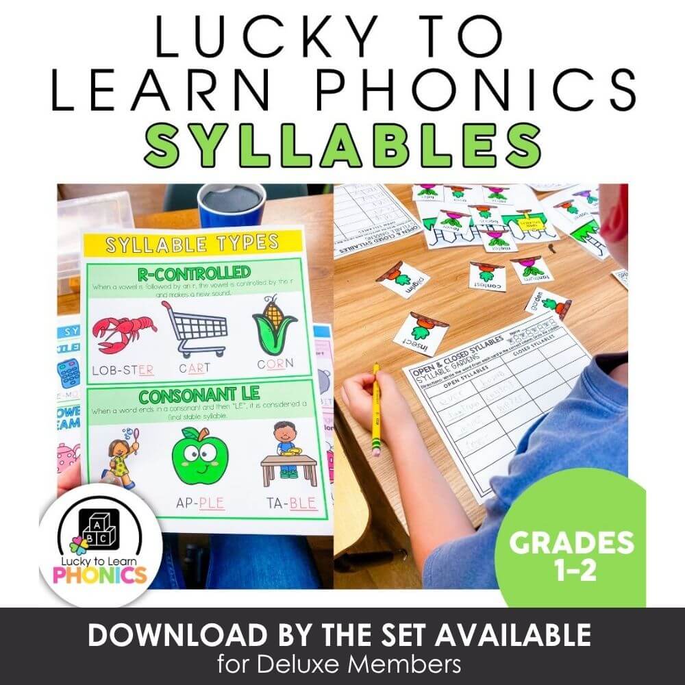 Lucky Little Learners phonics syllables educational resource for grades 1-2, fun syllable types activity, printable PDF, early reading skills, teacher classroom tools, phonemic awareness.