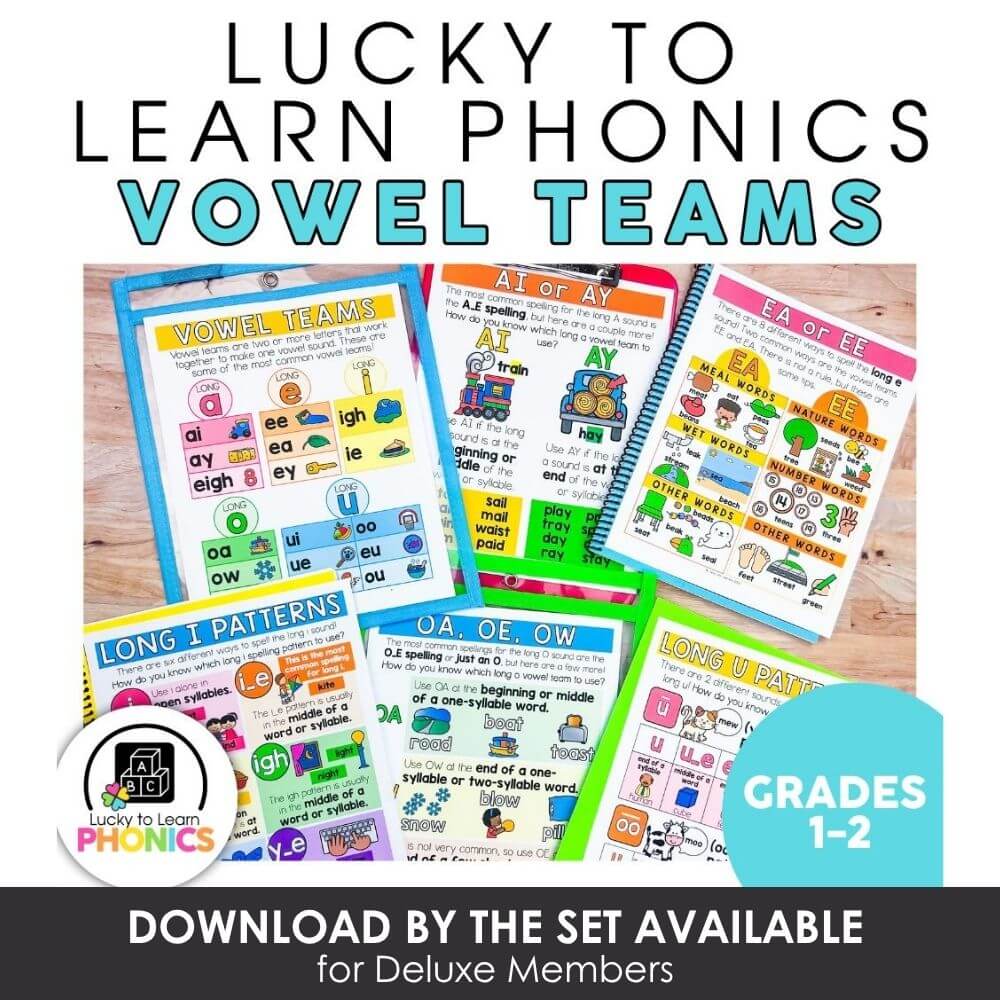 Vowel teams phonics charts for grades 1-2, perfect for learning long vowels and word patterns, by Lucky Little Learners.