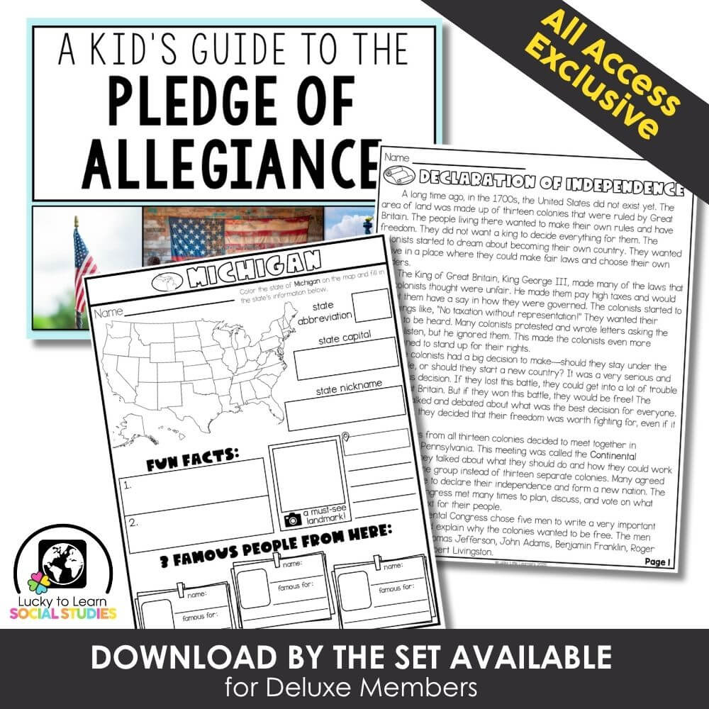 Kids pledge of allegiance worksheet, US history and civics activity, American patriotism educational resource, and classroom social studies printables.