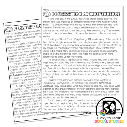 Lucky to Learn Social Studies - Declaration of Independence - Reading ...