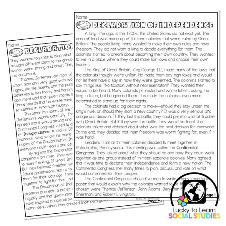 Lucky to Learn Social Studies - Declaration of Independence - Reading ...