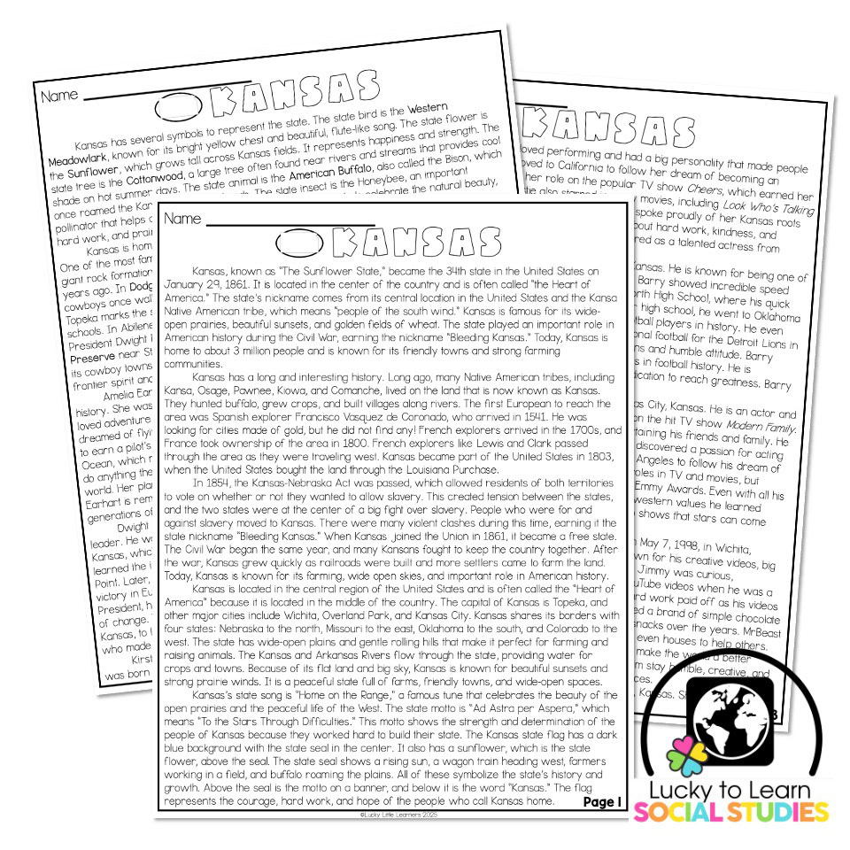 Lucky to Learn Social Studies - US States - Kansas - Reading Passage ...