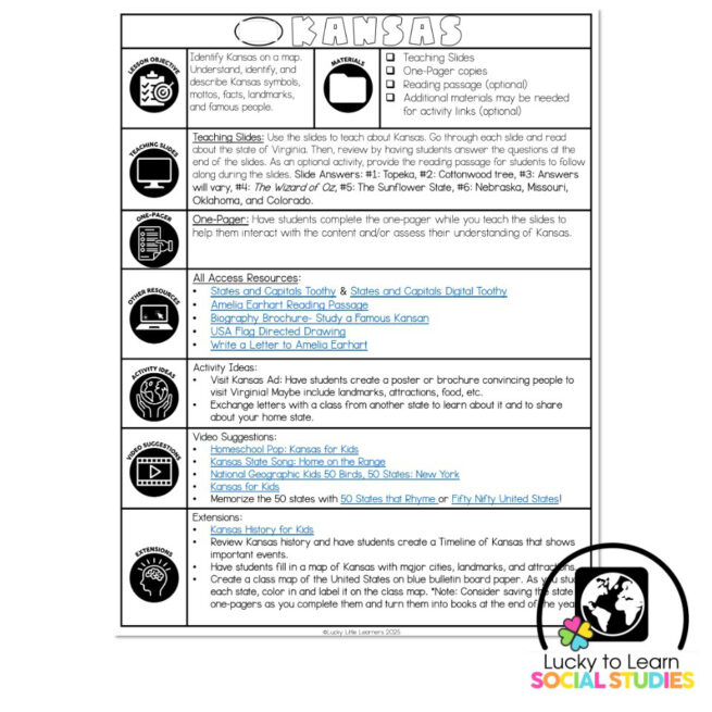 Lucky to Learn Social Studies - US States - Kansas - Teacher's Guide ...