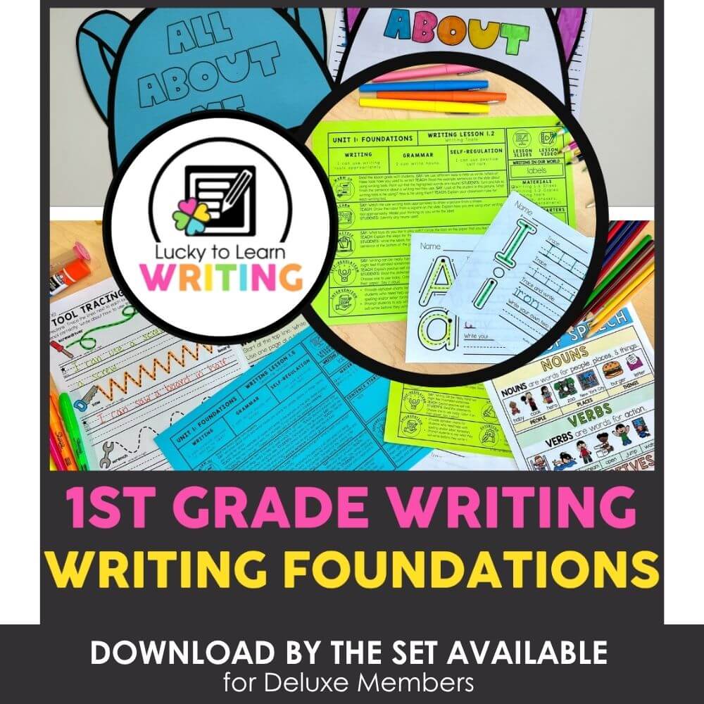 Bright first-grade writing curriculum with foundational skills, printable worksheets, and engaging activities for early learners, perfect for classroom or homeschooling use.