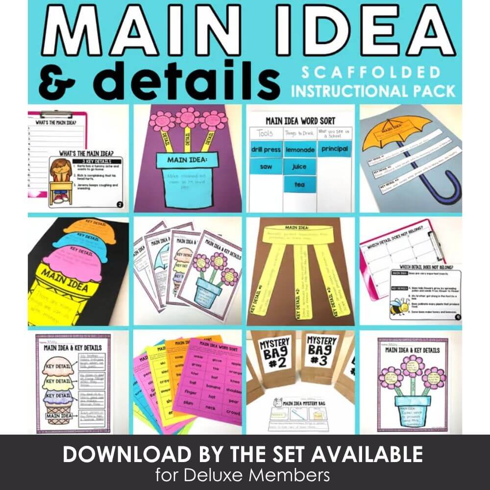 Colorful Main Idea and Details Instructional Pack for Kindergarten and Elementary, Includes worksheets, posters, and activities to teach identifying main ideas and key details.