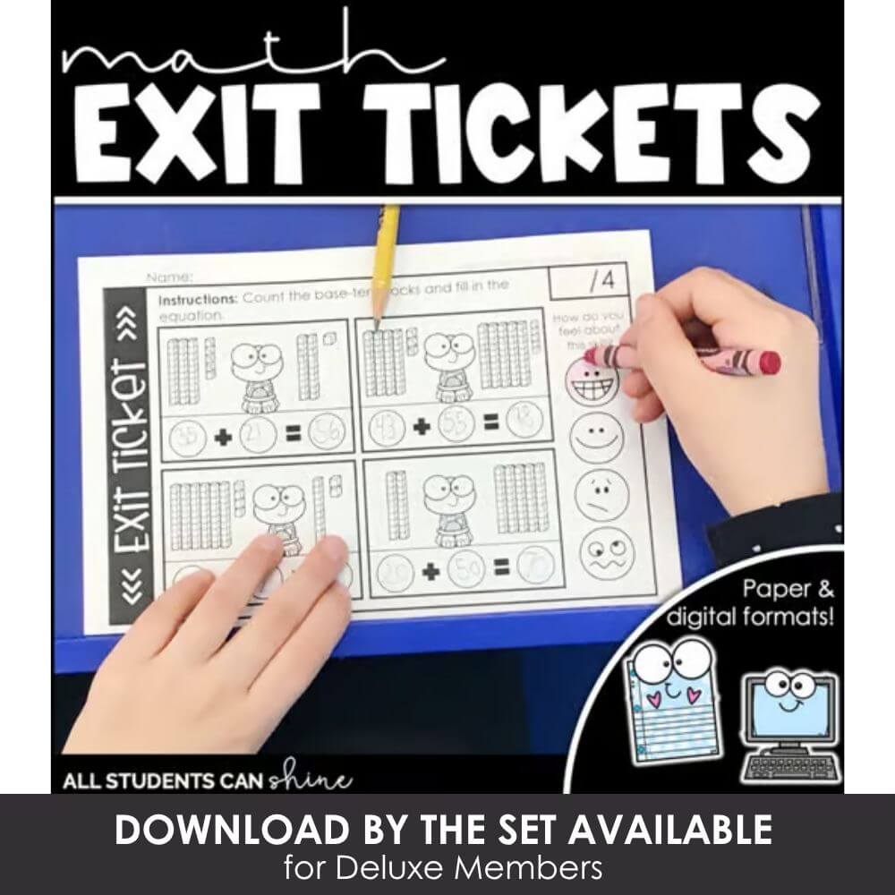 Editable math exit tickets printable for elementary, digital math quizzes for students, engaging classroom assessment tools, and student self-assessment resources from Lucky Little Learners.