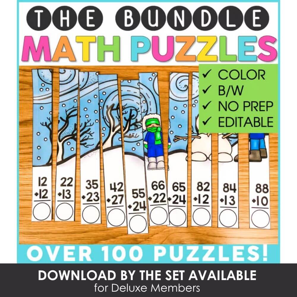 Colorful math puzzle bundle for kindergarten and elementary students, editable, no prep, great for math practice, brain teasers, and educational activities.