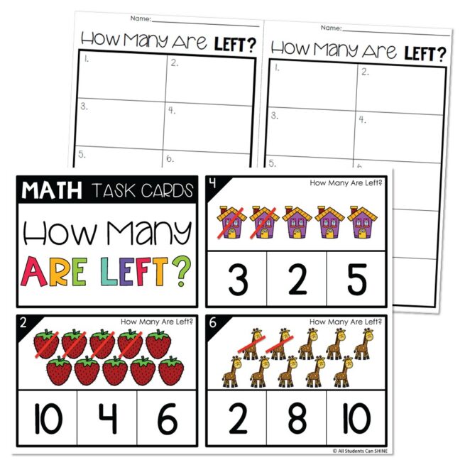 Math Task Cards - Subtraction - How Many Are Left - Lucky Little Learners