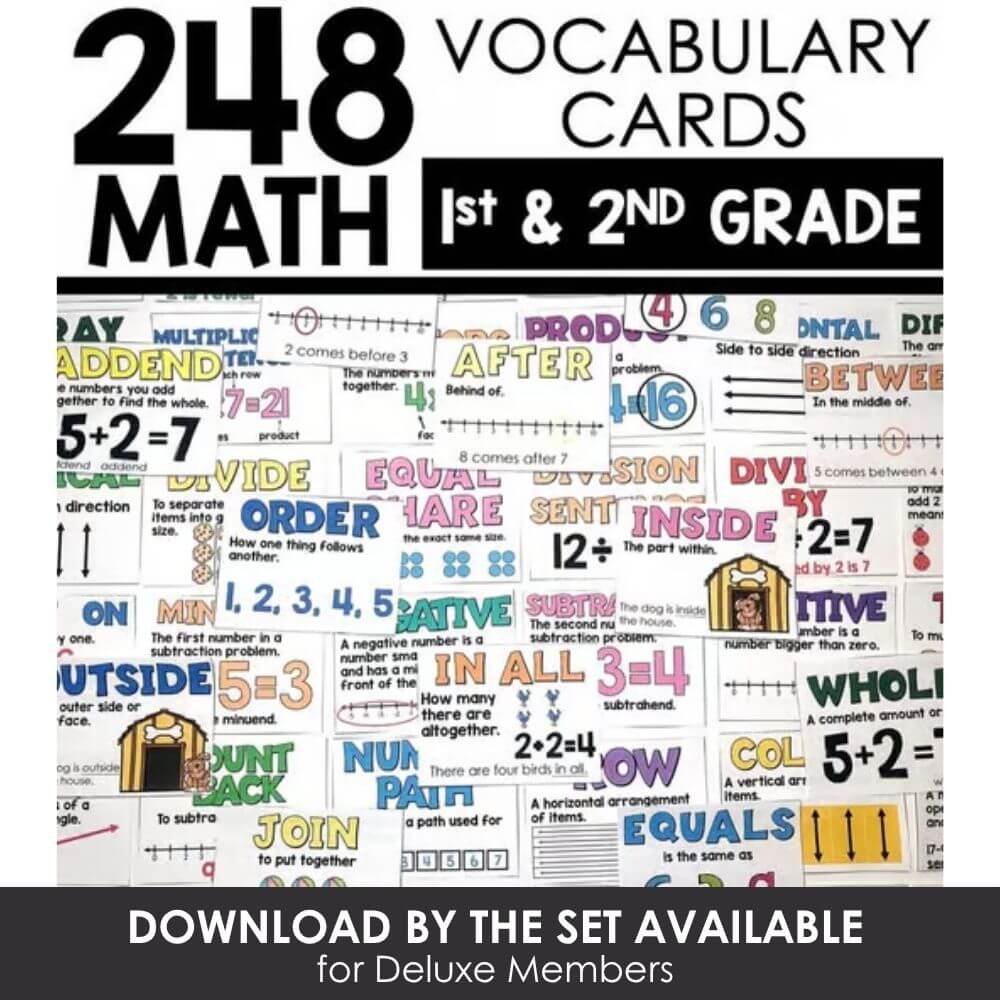 Vocabulary flashcards for 1st and 2nd grade math, addition, subtraction, and more for young learners to build strong math foundations.