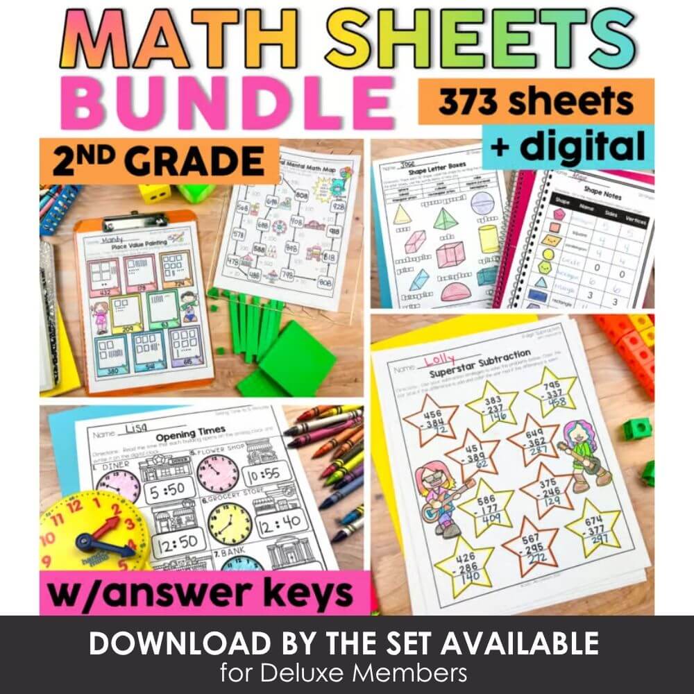 Math worksheets bundle for 2nd grade with digital resources, answer keys, and engaging activities for math practice and mastery.