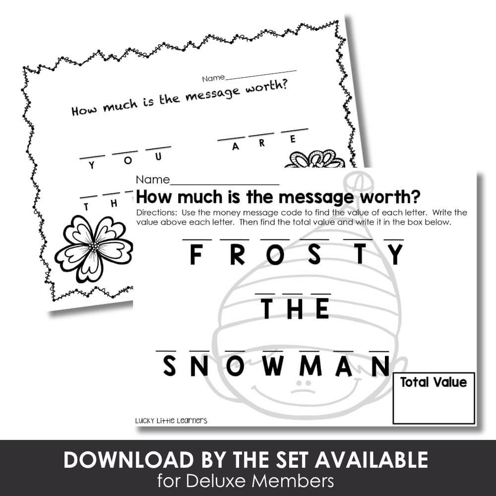 Money message activity for kids, fun classroom math game, subtraction practice, educational worksheet, holiday-themed learning activity, snowstorm theme, snowman math game, learning about value, printable math worksheet.