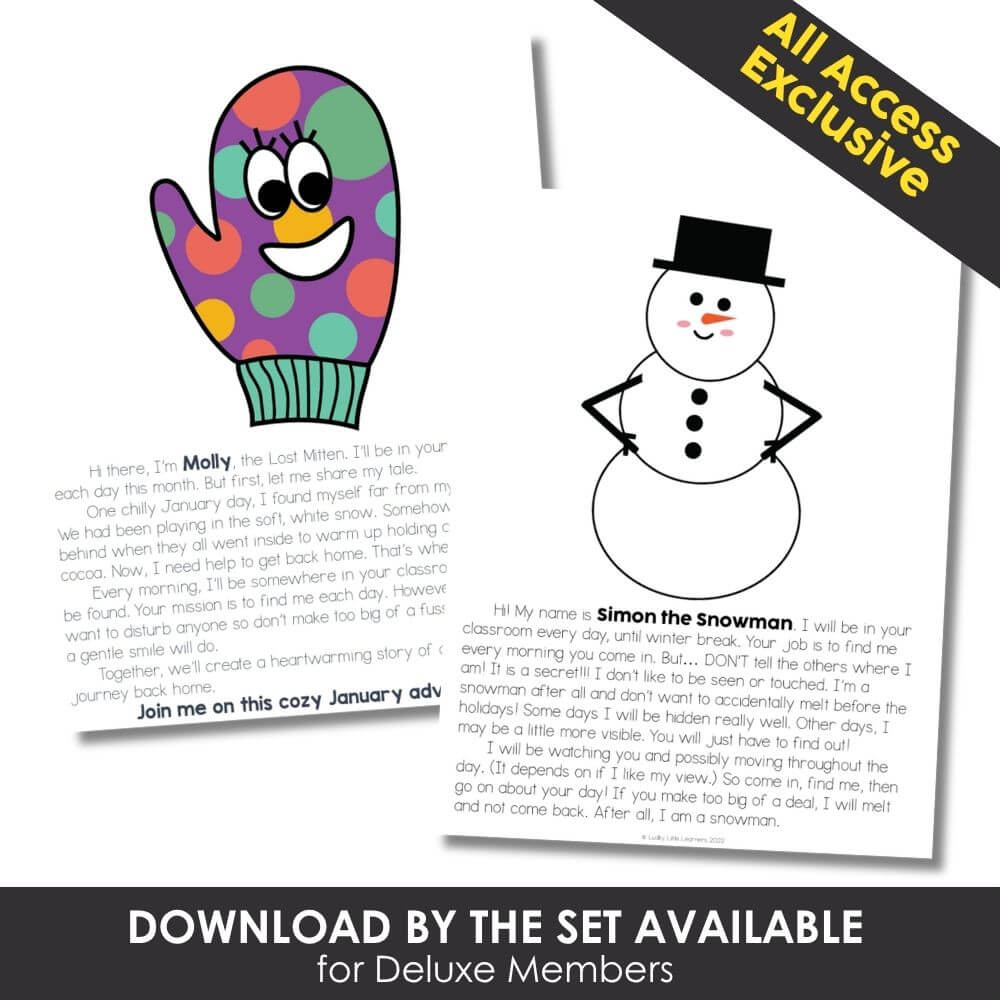 Colorful mitten character for winter themed classroom decor and literacy activities.