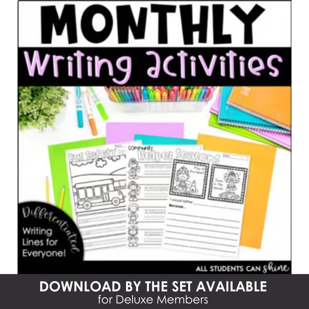 Writing activities for kids, monthly classroom writing resources, engaging elementary school writing worksheets, colorful educational writing printables, early literacy practice tools.