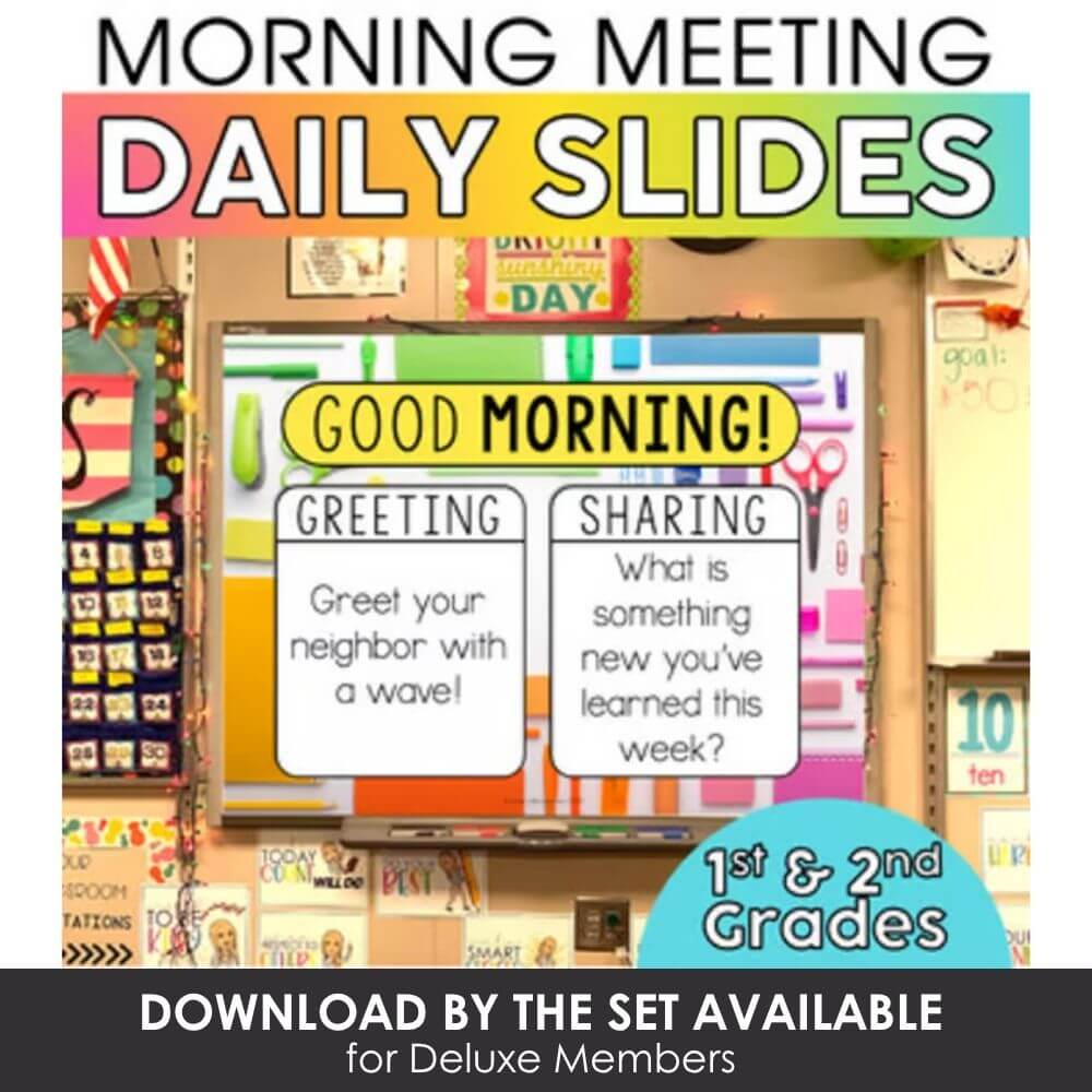 Morning meeting daily slides for 1st and 2nd grade classroom, with greeting and sharing prompts, educational visuals, and engaging activities. Perfect for early elementary learners.