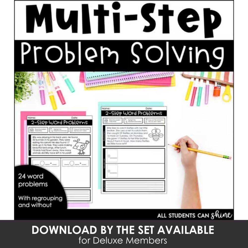 Multi-step problem solving activity for elementary students, includes word problems, regrouping, and critical thinking, ideal for classroom Math centers.