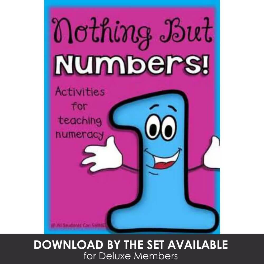 Colorful educational activity poster for teaching number recognition and numeracy skills to young children, featuring a cheerful number one character from Lucky Little Learners.