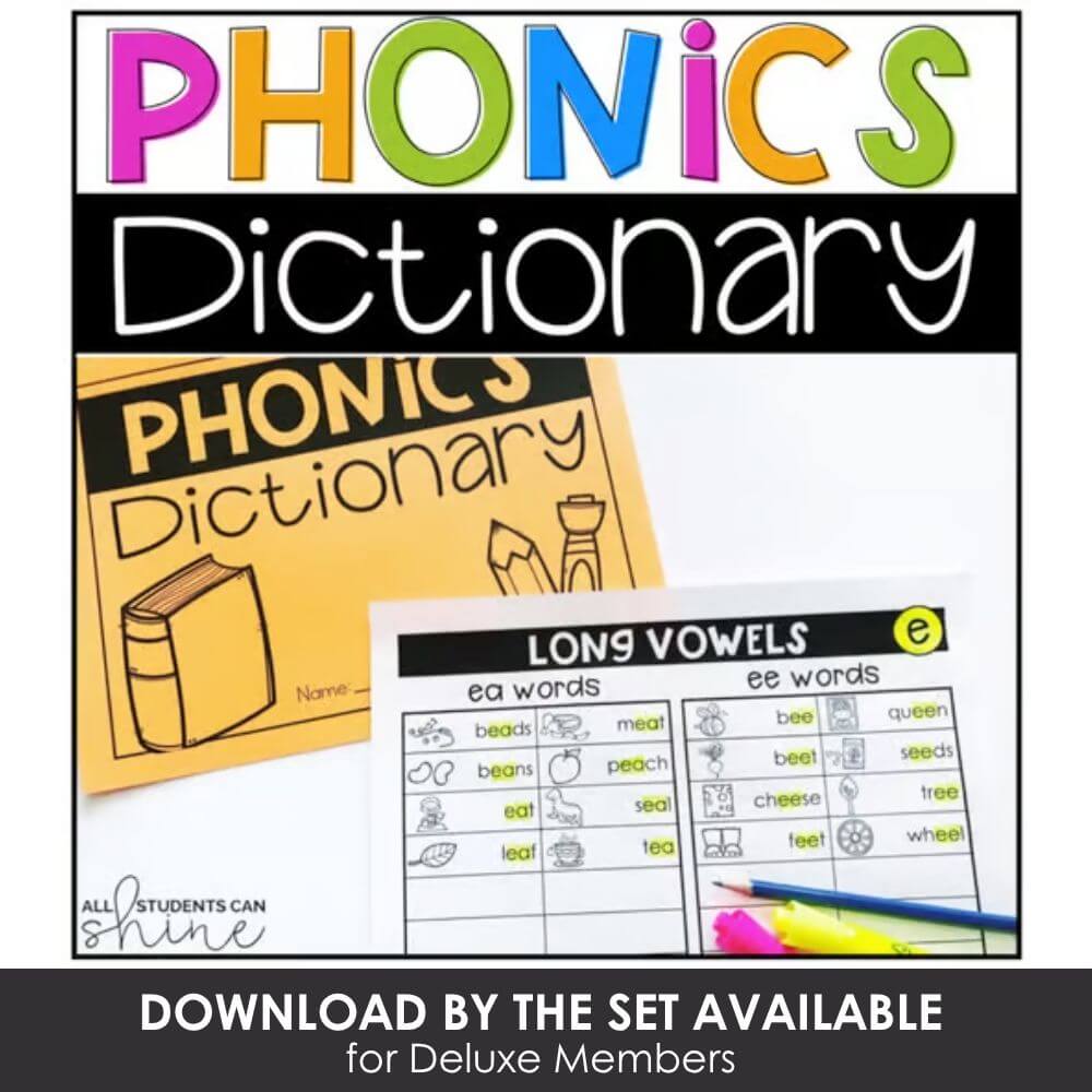 Bright colorful phonics dictionary for early literacy, printable phonics word list, long vowels activities, reading and spelling resources for kindergarten and elementary students.