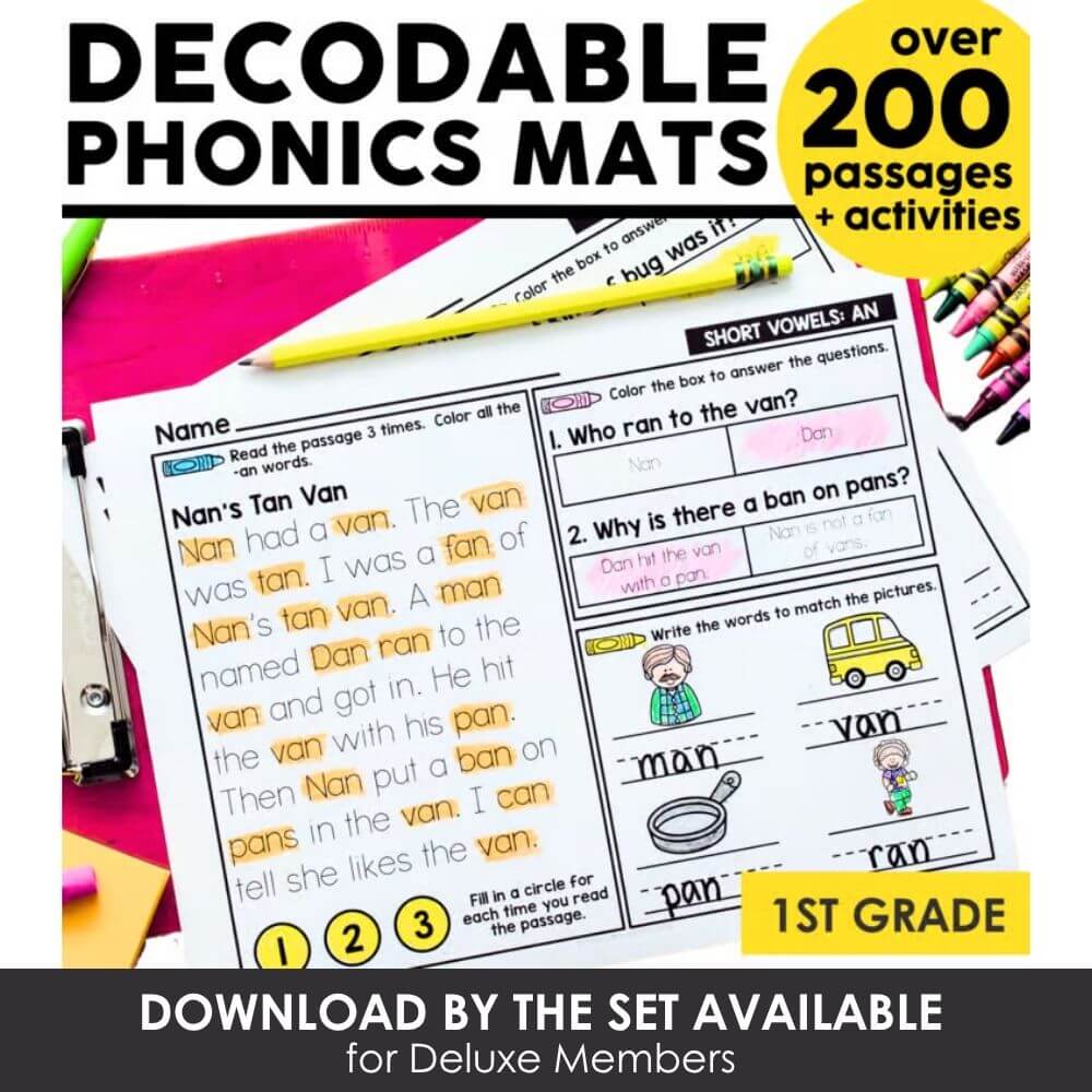 Decodable phonics mats for early reading, grade 1, including over 200 passages and activities to improve literacy skills, perfect for kindergarten and first-grade literacy centers.