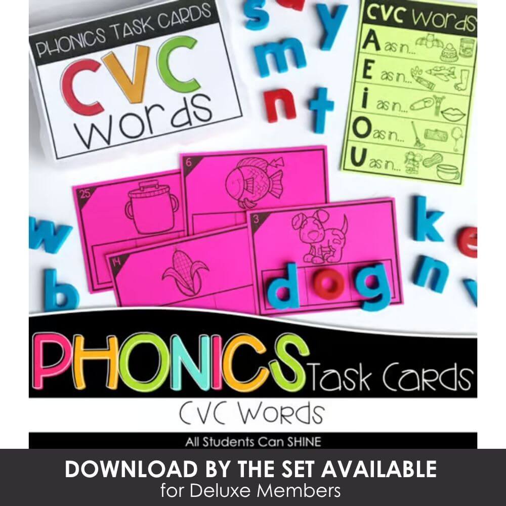 Colorful CVC words phonics task cards for early reading and phonics practice; perfect for preschool and kindergarten learners.