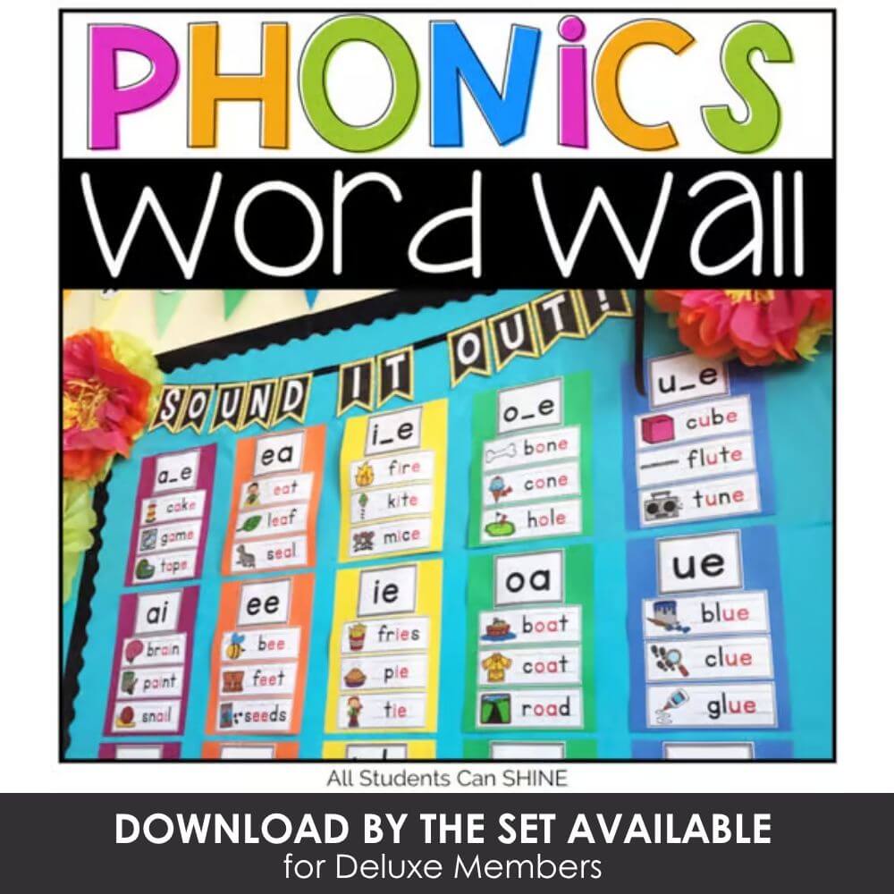 Colorful phonics word wall poster with vowel sounds, blending, and picture cues for early reading instruction.