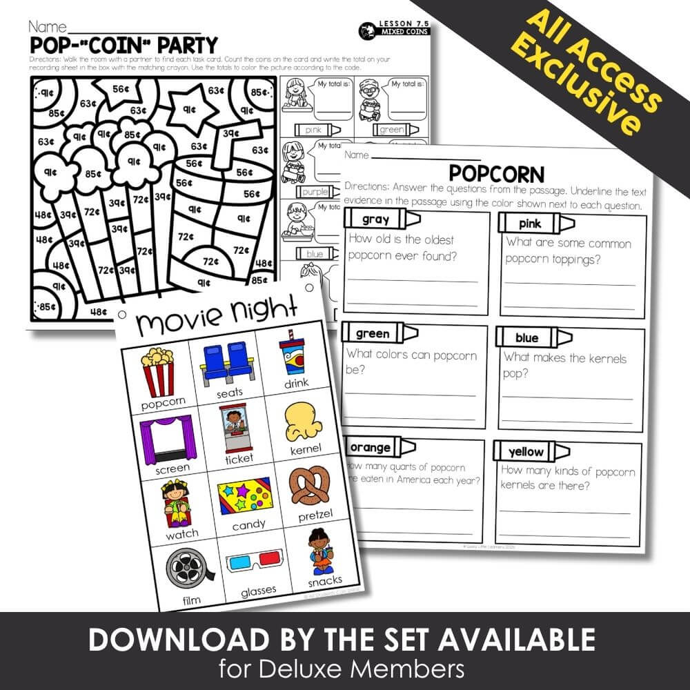 Colorful preschool learning activities for early childhood education, including themed worksheets, matching games, and literacy exercises from Lucky Little Learners.