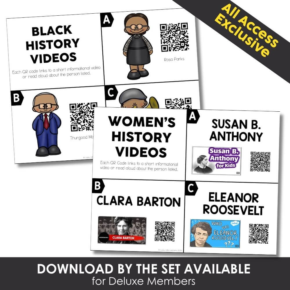 QR code links to educational videos for Black and women's history, perfect for kids' learning, including famous figures like Susan B. Anthony, Eleanor Roosevelt, and Clara Barton.