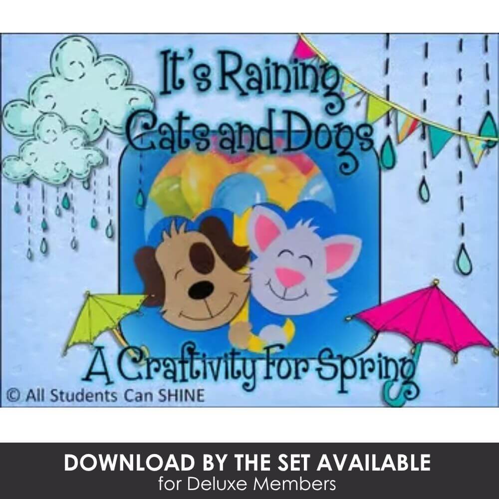 Colorful spring-themed rain, cats and dogs craft activity for preschoolers, rainy weather classroom decor, kids rainy day art project, fun educational spring craft for children.