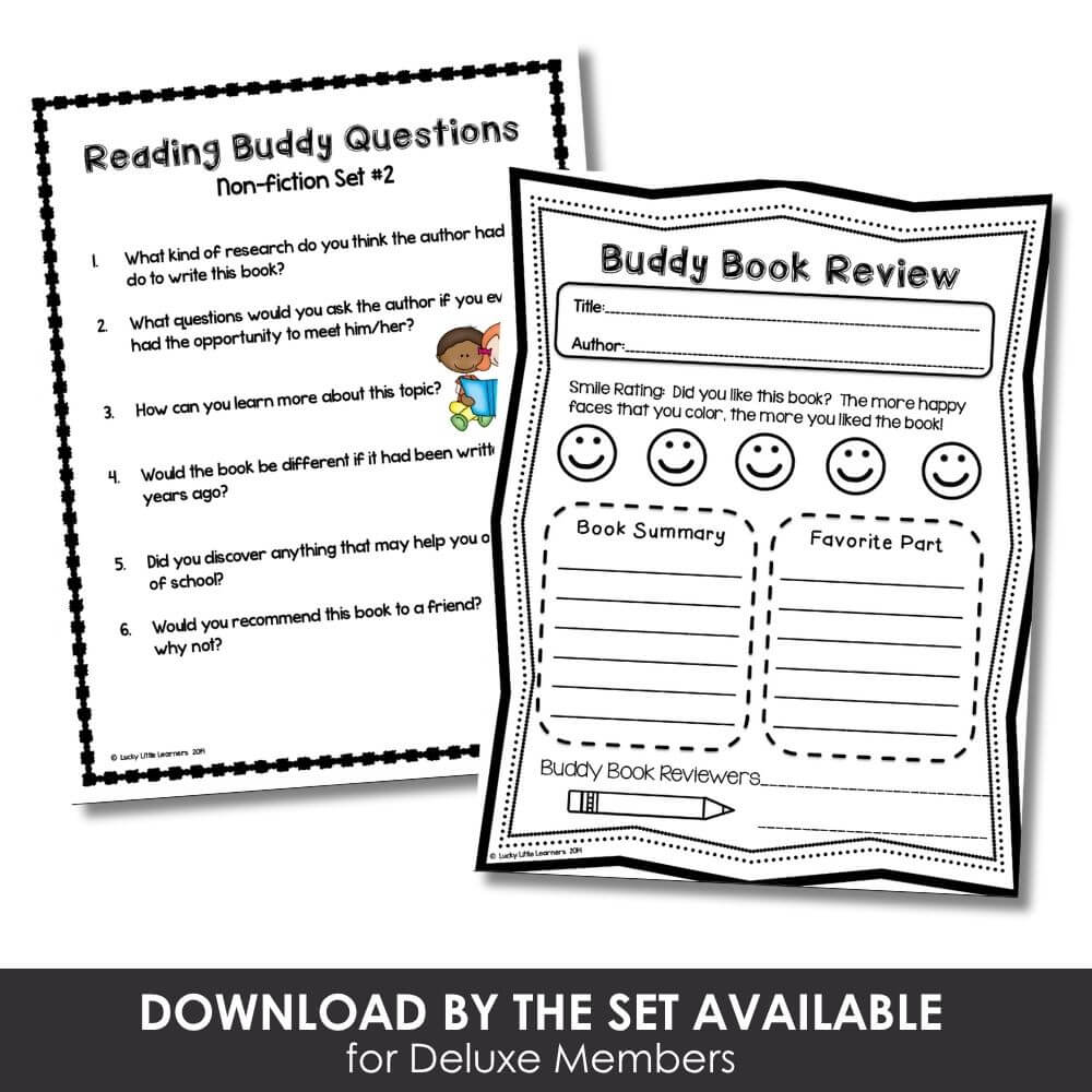 Engaging reading buddy questions and book review printables for elementary students, perfect for classroom literacy centers or homeschooling.