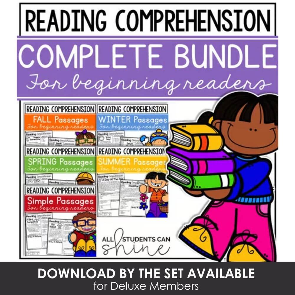 Early childhood reading comprehension bundle, beginner reading passages for elementary students, seasonal reading activities, literacy skills, teacher resources for beginning readers.