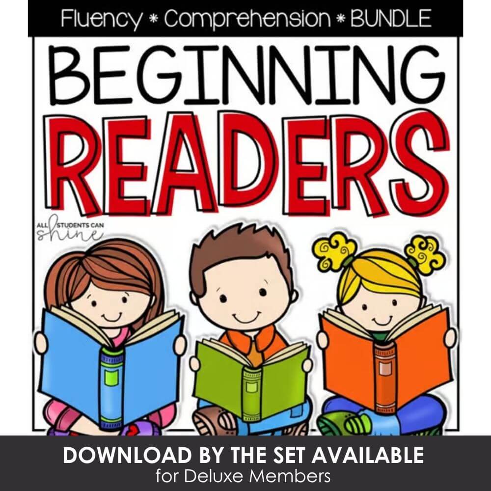 Beginning readers fluency and comprehension bundle with colorful illustrations of children reading books, perfect for early literacy learning and classroom activities.