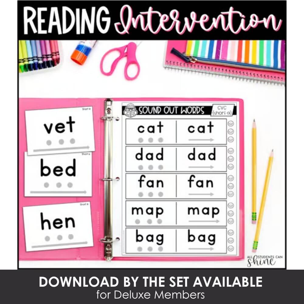 Colorful reading intervention activities for early literacy development with sound out words and matching exercises.
