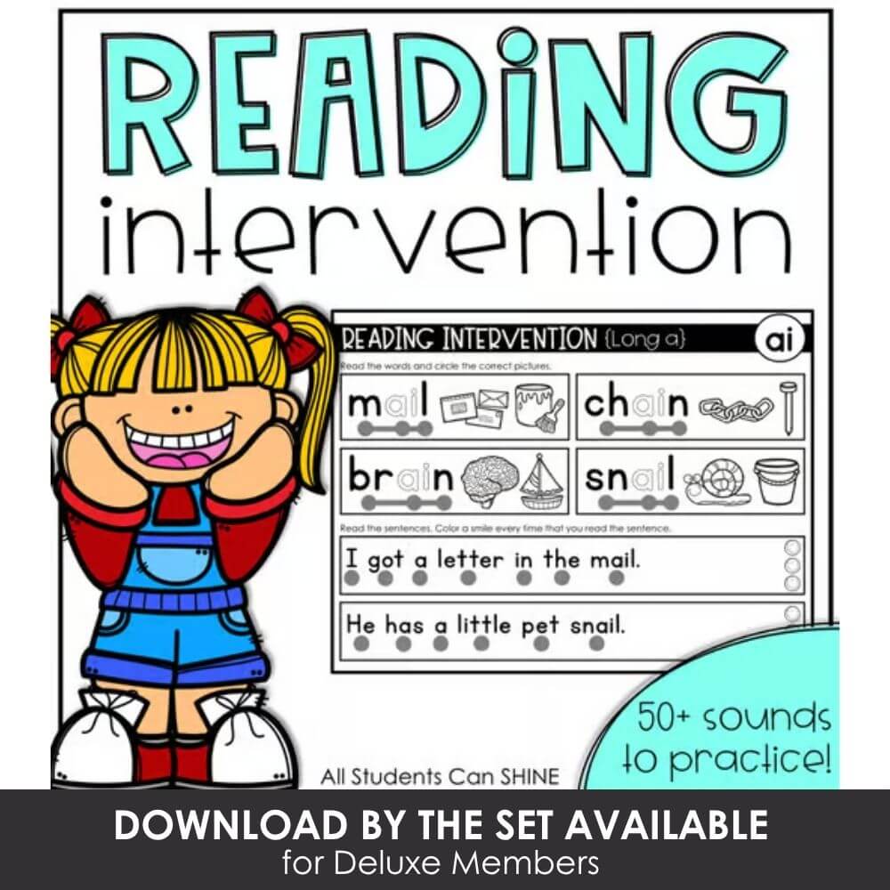 Reading intervention workbook with phonics and sight words for early learners, focusing on long "a" sounds and reading comprehension skills. Perfect for elementary classroom activities.