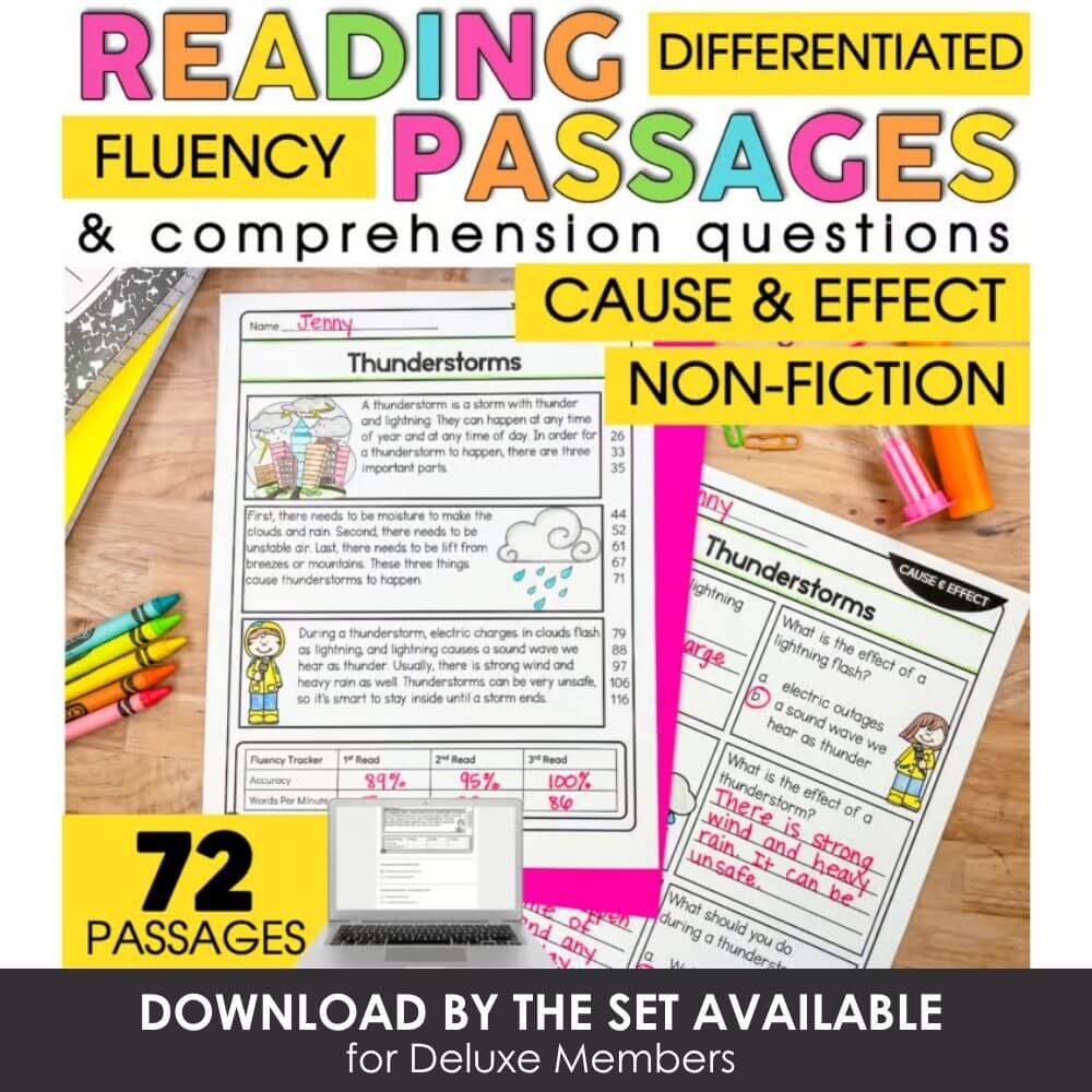 Editable reading comprehension passages for differentiated fluency and cause & effect questions, ideal for elementary students.