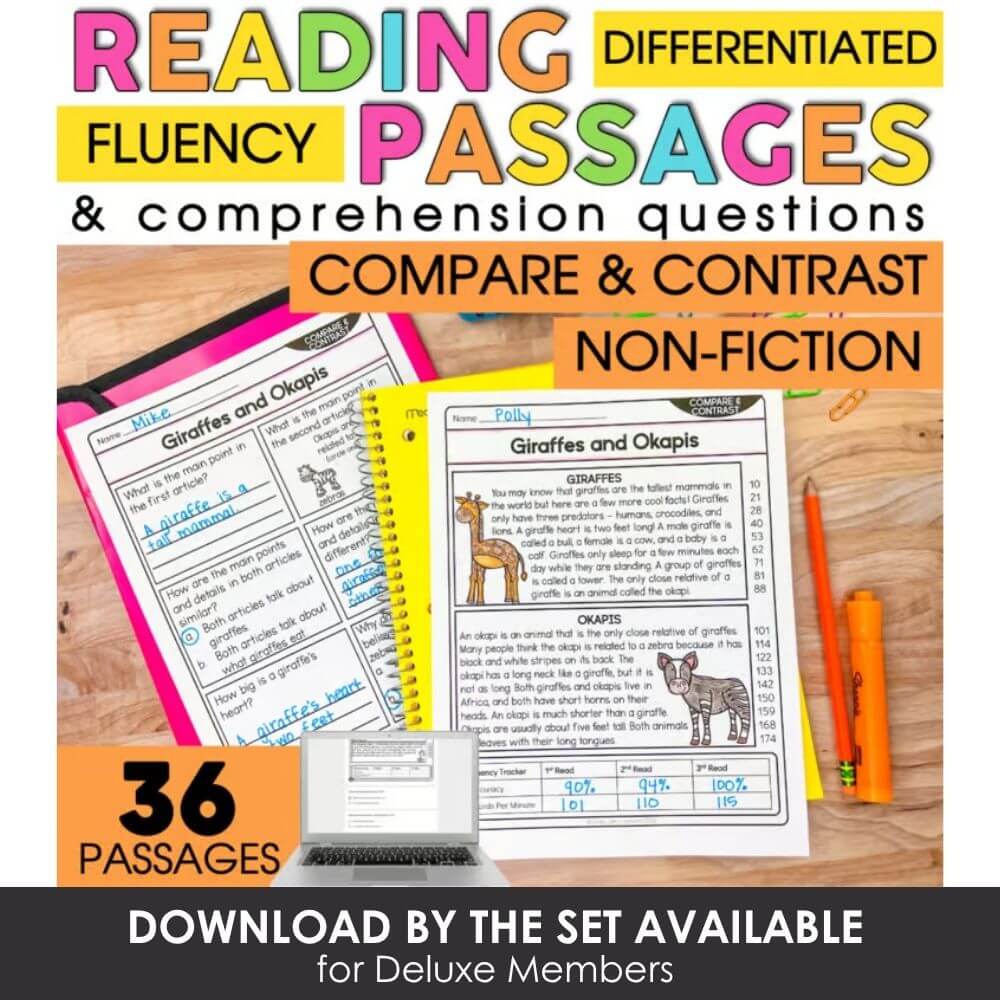 Engaging reading comprehension passages for differentiated fluency practice, including compare and contrast non-fiction questions, perfect for classroom literacy lessons.
