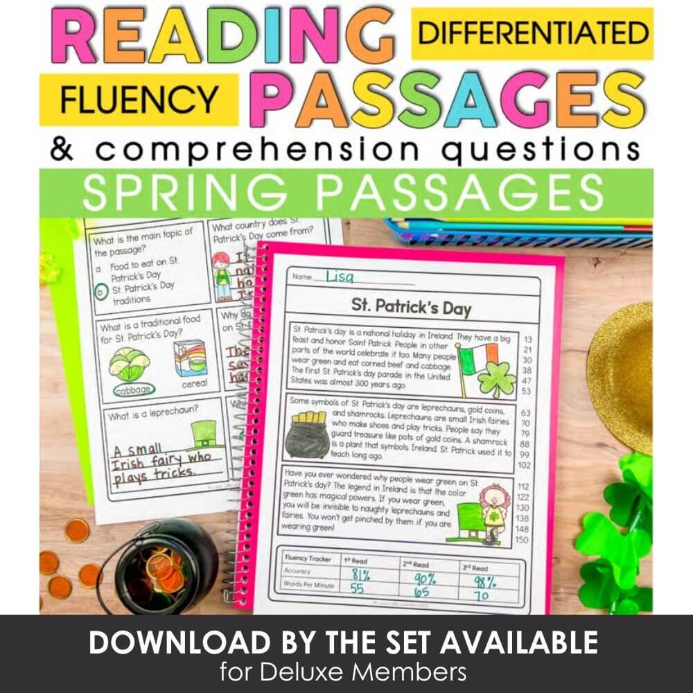 Colorful educational reading passages for differentiated fluency and comprehension practice with spring themes for elementary students.
